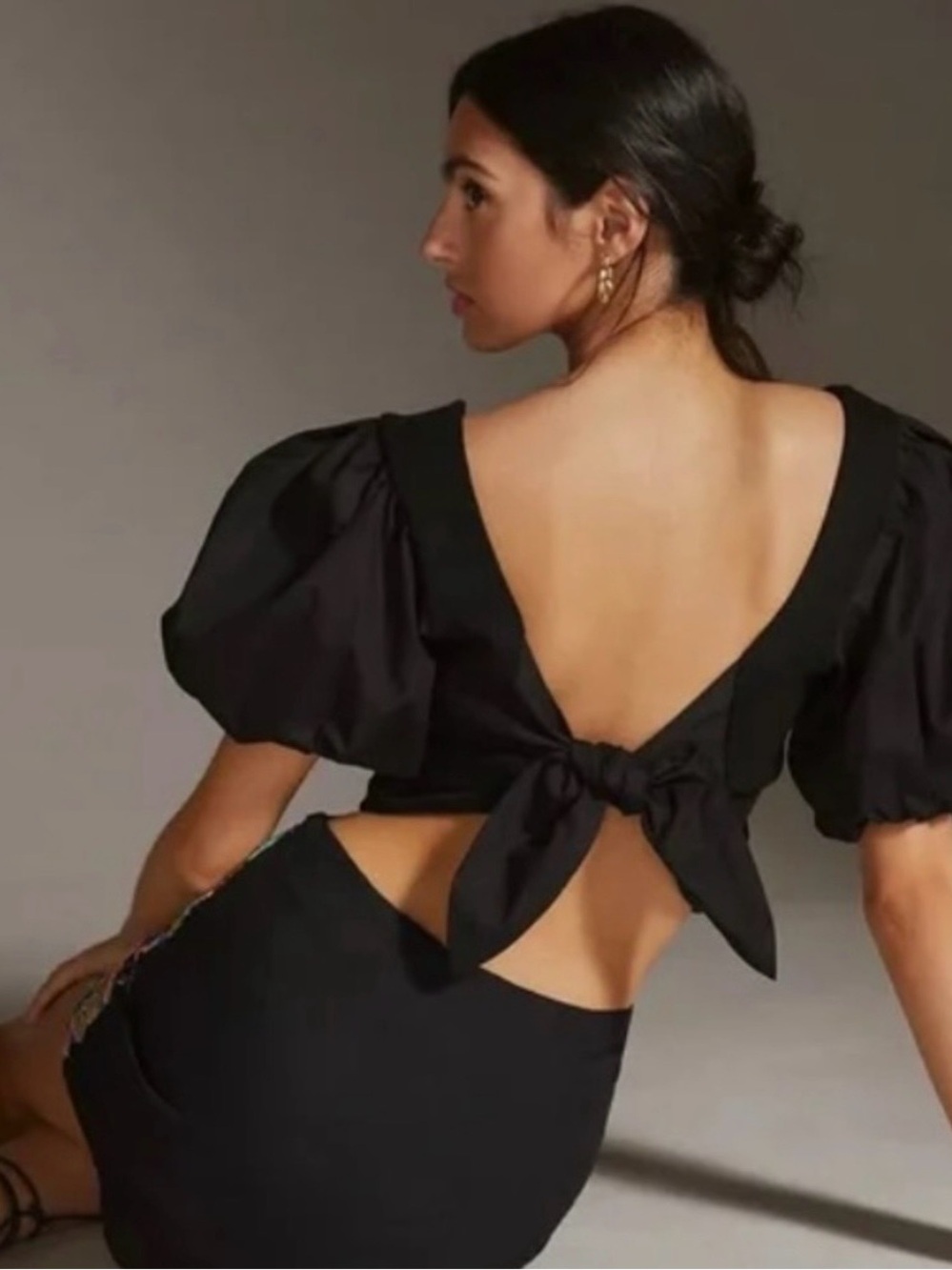 by Anthropologie Puff Sleeve Tie-Back Crop Top